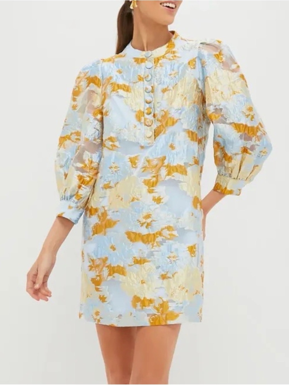 Pomander Place Blue and Gold Floral Puff-Sleeve Mini Dress